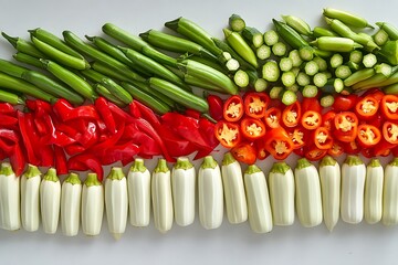 Vegetable grid pattern with okra transitioning to garlic and red pepper, organized by hue on a clean surface 