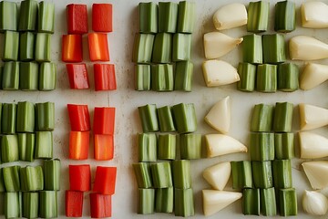 Vegetable grid pattern with okra transitioning to garlic and red pepper, organized by hue on a clean surface 