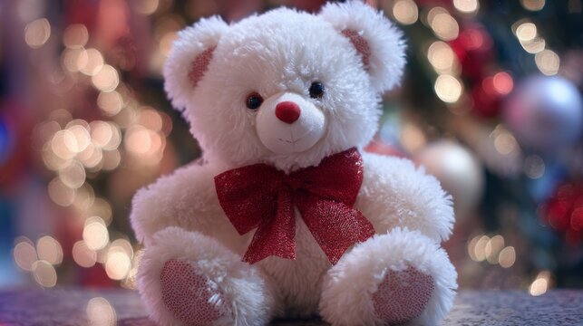 Soft teddy bear with a red bow sits adorned by colorful holiday decorations in a cozy environment