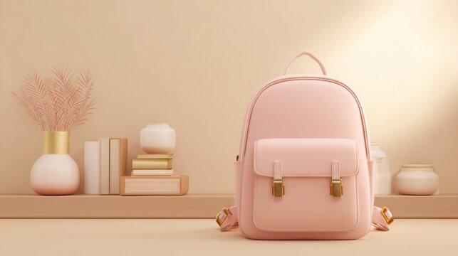 Stylish pink backpack displayed on a minimalist shelf with decorative elements and soft lighting