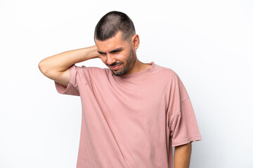 Young caucasian man isolated on white background with neckache
