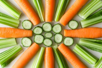 Vegetables styled in symmetrical pattern—spinach, celery, and carrots on smooth neutral kitchen tile background 
