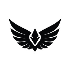 A black graphic representation of spread wings with a diamond center design