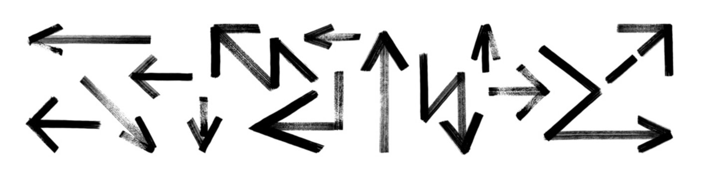 Rough vector arrow shapes, transparent background. Bold black brushstroke lines, paint texture, stencil graffiti form lightning bolts, abstract direction marks. Ink strokes, thick hand drawn arrows bg