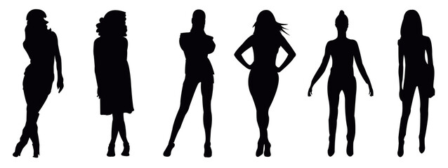 Silhouettes of young women posing wearing short skirts, isolated on a white background, standing poses isolated on white background. Vector illustration
