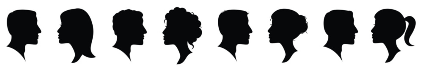 The illustration is a modern flat cartoon depiction of a human profile, showcasing black silhouettes of a man and woman's head against a white background with objects isolated, Silhouettes of a woman.