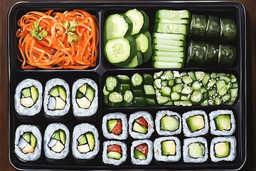 Vegetarian sushi bento with avocado rolls, cucumber rolls, and pickled vegetables, all neatly presented in top-down view -