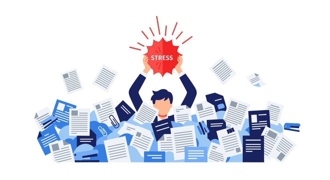 An overwhelmed businessman is buried under a mountain of paperwork, illustrating the concept of stress, pressure, and being swamped by too many tasks in a chaotic office setting.