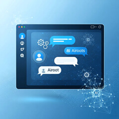 Modern AI chatbot interface on a digital screen or holographic display, featuring a clean,...