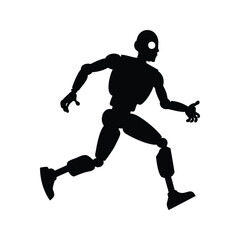 Silhouette of a Futuristic Android Robot Running in Black and White Style