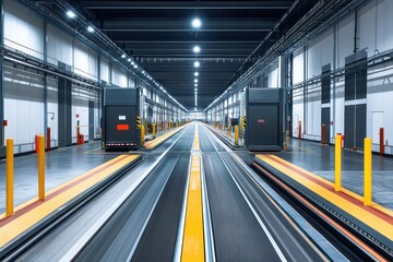 Symmetrical layout of a modern warehouse loading dock with neatly painted safety zones climate-controlled docking stations a smooth conveyor belt
