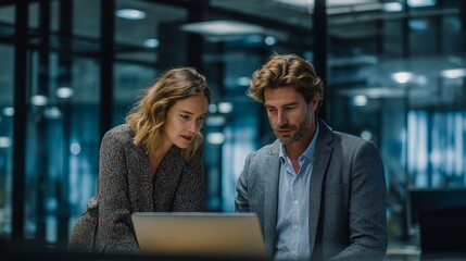 Two professionals collaborate, looking at laptop screen. Business setting, teamwork, design, marketing, corporate, web use.