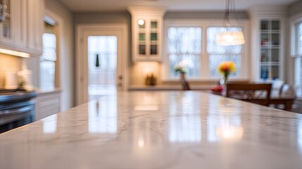 Blurred view of a light-filled kitchen, marble countertop