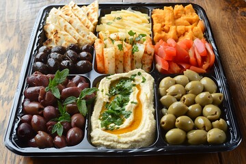 Vibrant meze platter with hummus, baba ganoush, stuffed grape leaves, olives, and fresh pita arranged in neat sections 