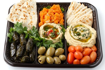 Vibrant meze platter with hummus, baba ganoush, stuffed grape leaves, olives, and fresh pita arranged in neat sections 