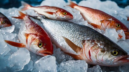 Red and silver fish arranged on crushed ice, showcasing freshness and vibrant color. Ideal for culinary or seafood themes.