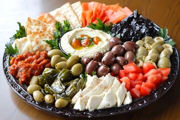 Vibrant meze platter with hummus, baba ganoush, stuffed grape leaves, olives, and fresh pita arranged in neat sections 
