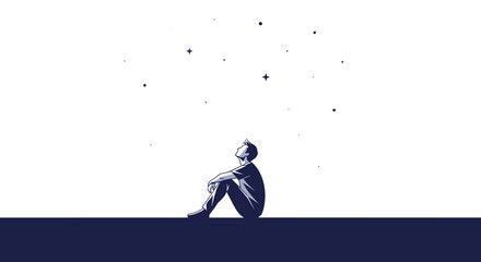 A pensive silhouette sits looking up at a few scattered stars, evoking feelings of hope and wonder in a clean, minimalist design.