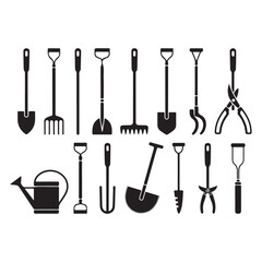 Black garden equipment icons collection