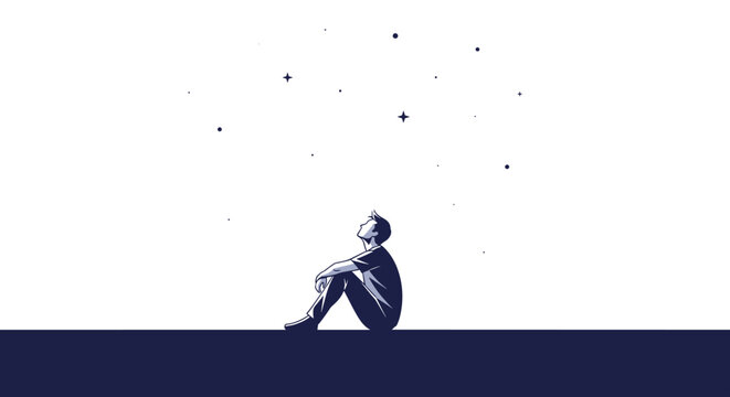 A pensive silhouette sits looking up at a few scattered stars, evoking feelings of hope and wonder in a clean, minimalist design.