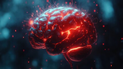 A vibrant, glowing, and fractured human brain, highlighted by intense red energy.