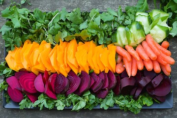 Vibrant mixed vegetable salad with roasted beets, carrots, and greens, arranged symmetrically in sections on a modern flat dish 