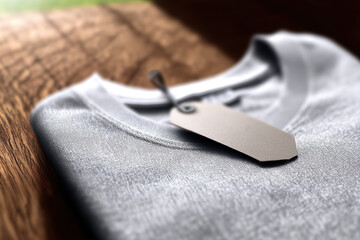 Close up on a folded heather grey t shirt with a price tag on a blurred wooden background