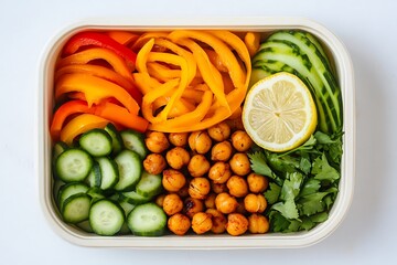 Vibrant vegan bento box with roasted chickpeas, cucumber ribbons, colorful bell pepper slices, and a lemon wedge for freshness 