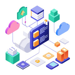 Isometric technology network with data and cloud services isolated on white background
