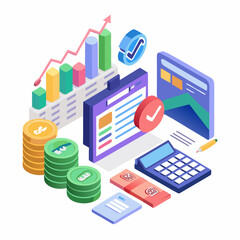 Financial growth and analysis isometric illustration isolated on white background