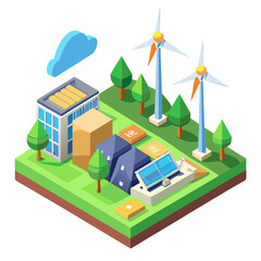 Eco friendly city with wind turbines and solar panels isolated on white background