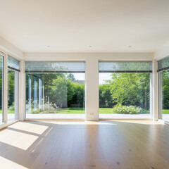 bright empty room with large windows and garden view

