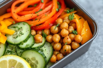 Vibrant vegan bento box with roasted chickpeas, cucumber ribbons, colorful bell pepper slices, and a lemon wedge for freshness 