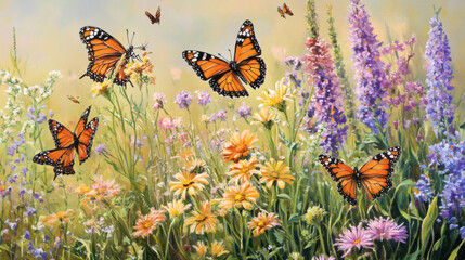 Vibrant butterflies flit among wildflowers in a meadow.