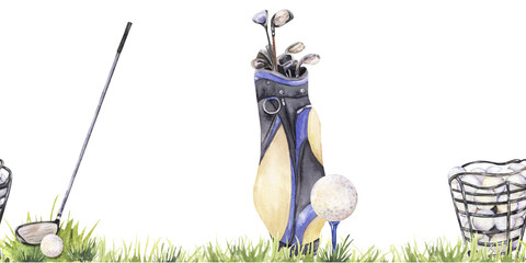 Seamless border with golf gear, clubs, ball, and practice basket on grass