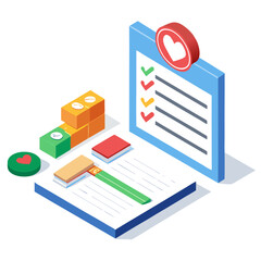 Isometric checklist with heart icon and stacked blocks isolated on white background