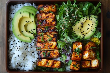 Vibrant vegetarian bento box with rice, grilled tofu, avocado slices, and mixed greens arranged neatly from above 