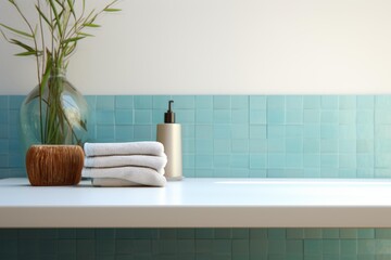 Fototapeta premium White towels are neatly folded on a bathroom shelf, complemented by a decorative plant and dispenser against a light blue tiled backdrop