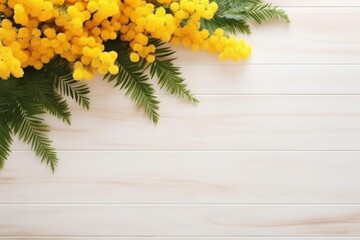 Yellow mimosa flowers and green leaves creating a border on a white wooden tabletop with copy space
