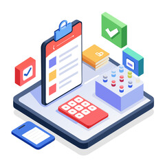 Isometric business checklist and calculator with data analysis elements isolated on white background