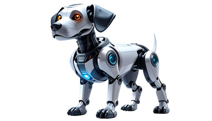 Robot dog with sleek metal body and glowing eyes, standing on transparent background PNG