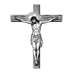 A stark, black and white illustration depicts Jesus Christ on the cross, his body emaciated and crowned with thorns, a symbol of sacrifice and faith.