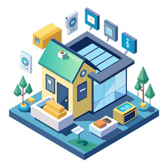 Isometric smart home with digital icons and solar panels isolated on white background