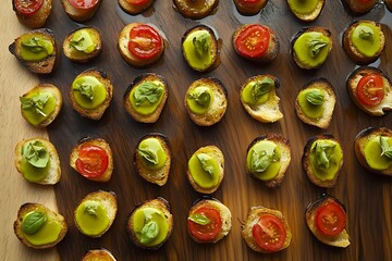 Wooden board with bite-sized bruschetta featuring tomato, basil, and a drizzle of olive oil, arranged in clean, uniform rows 