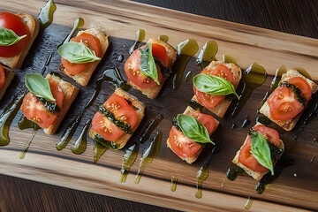 Wooden board with bite-sized bruschetta featuring tomato, basil, and a drizzle of olive oil, arranged in clean, uniform rows 