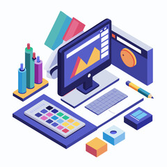 Graphic design workspace with computer and color swatches isolated on white background