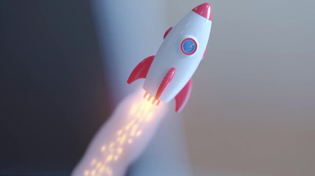 Small rocket toy with red fins and blue window is launching into the air, leaving a trail of sparks, symbolizing innovation and creativity in a modern workspace