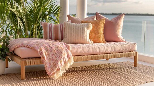 Cozy outdoor seating area featuring a stylish daybed adorned with colorful cushions and a soft blanket, surrounded by lush greenery and a serene water view