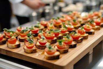 Wooden board with bite-sized bruschetta featuring tomato, basil, and a drizzle of olive oil, arranged in clean, uniform rows 