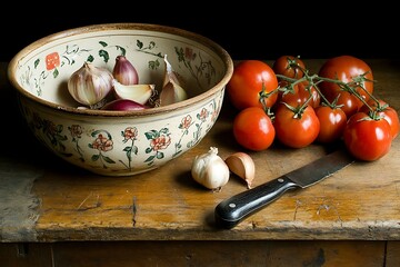 Wooden countertop scene with tomatoes, onions, and garlic being prepped beside a knife and vintage ceramic bowl 